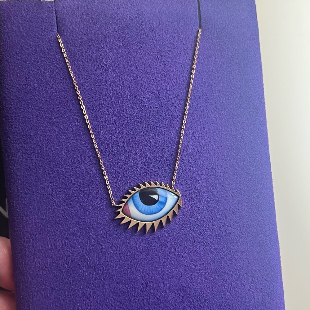Lito Zeus Dione Tu Es Partout 14K ROSE Gold LARGE Blue Enamel Evil Eye Necklace
